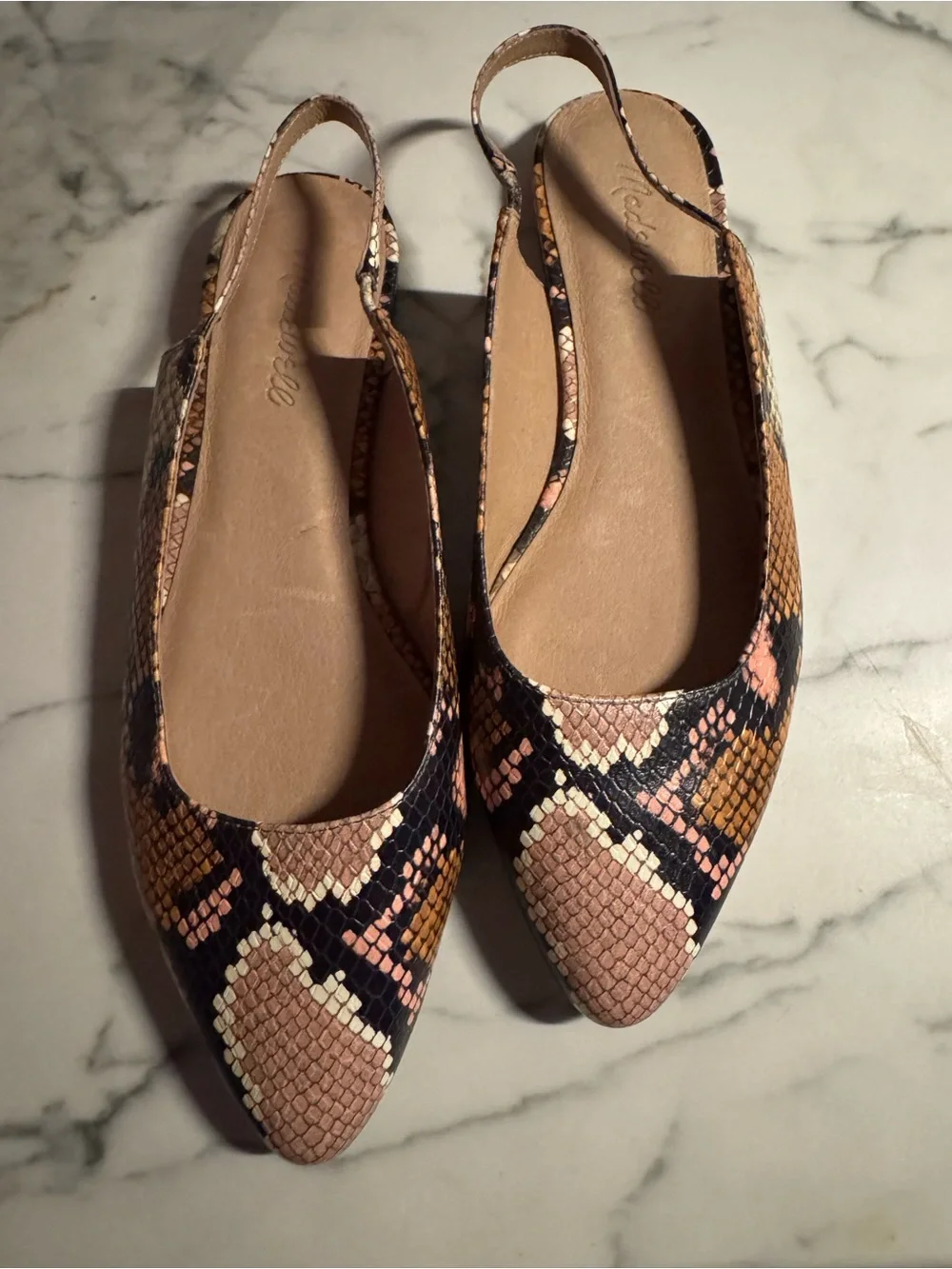 Madewell Snake-Print Slingback Flats in Black, Pink and Brown
